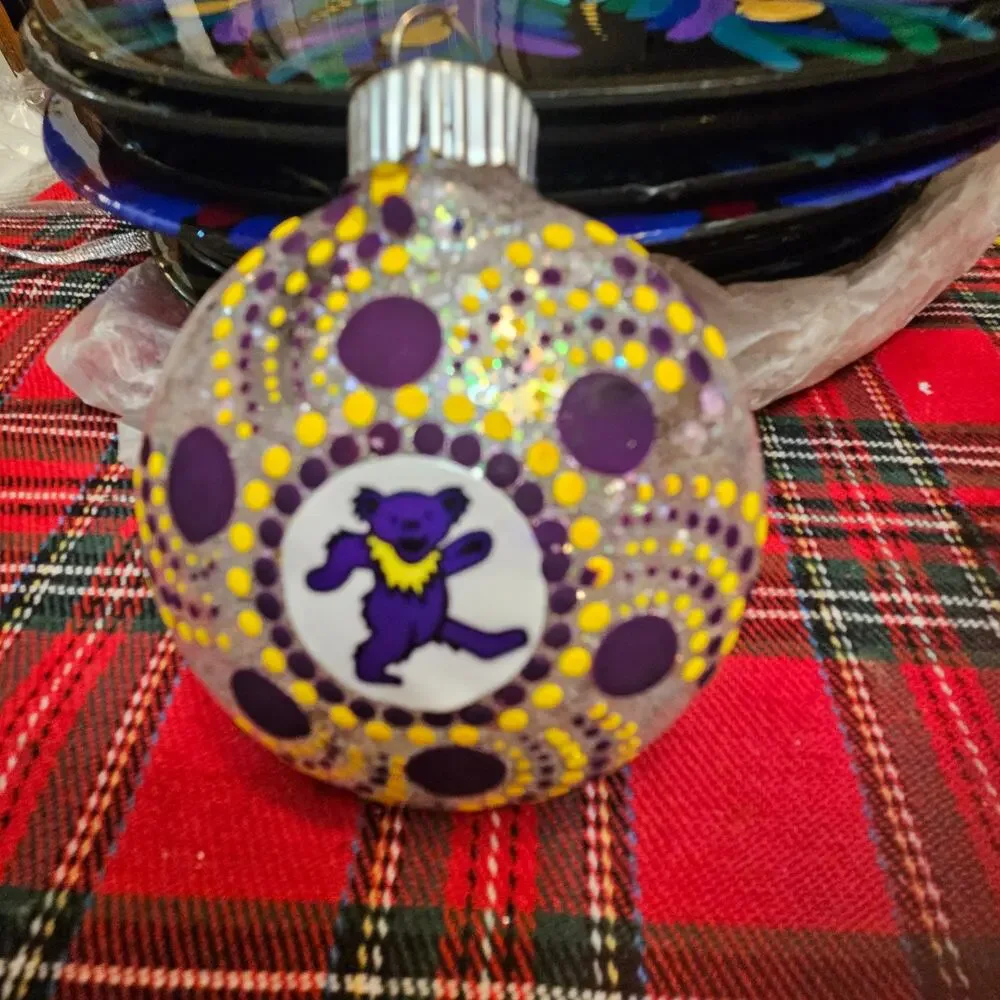 Hand-Painted Dancing Bear Christmas Ornament Purple Gold – Custom Orders